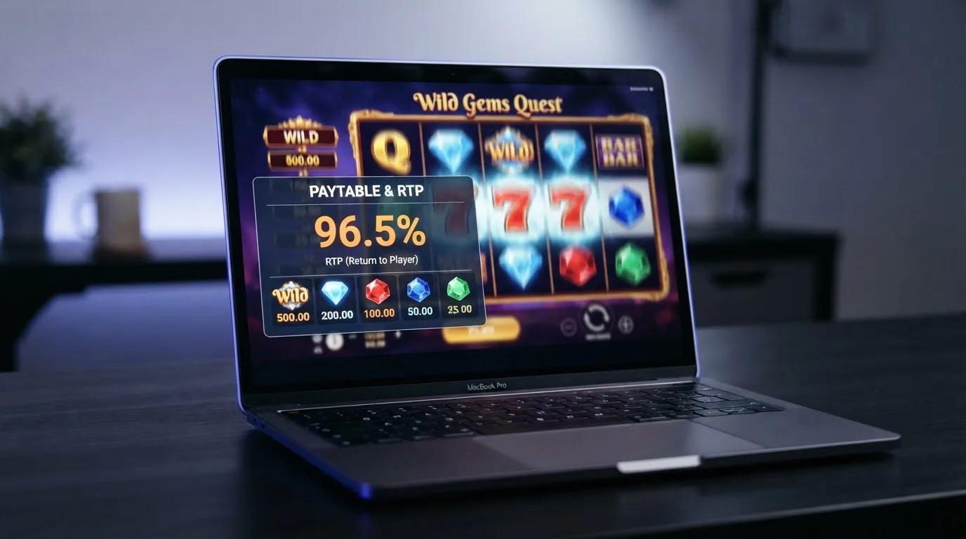 ekran automatu online z otwartą tabelą wypłat pokazującą wartość procentową RTP