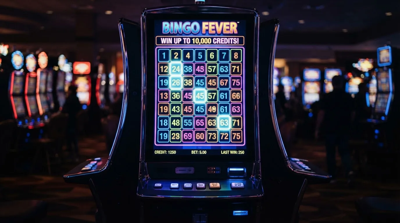 Ekran automatu do gry z kolorową planszą w stylu bingo i podświetlonymi liczbami