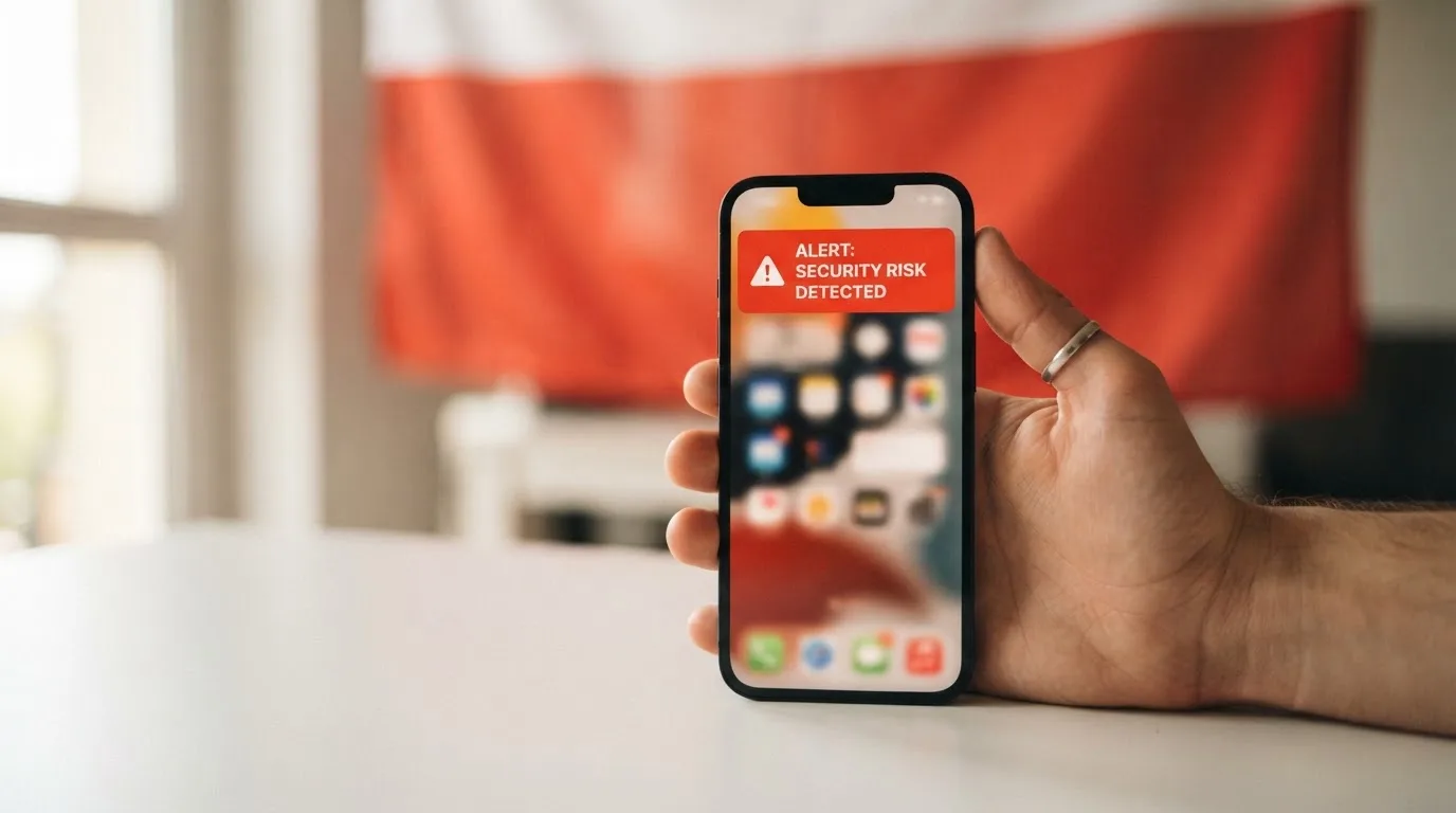 Dłoń trzymająca telefon z widocznym komunikatem ostrzegawczym o legalności hazardu online na tle biało-czerwonej flagi Polski.