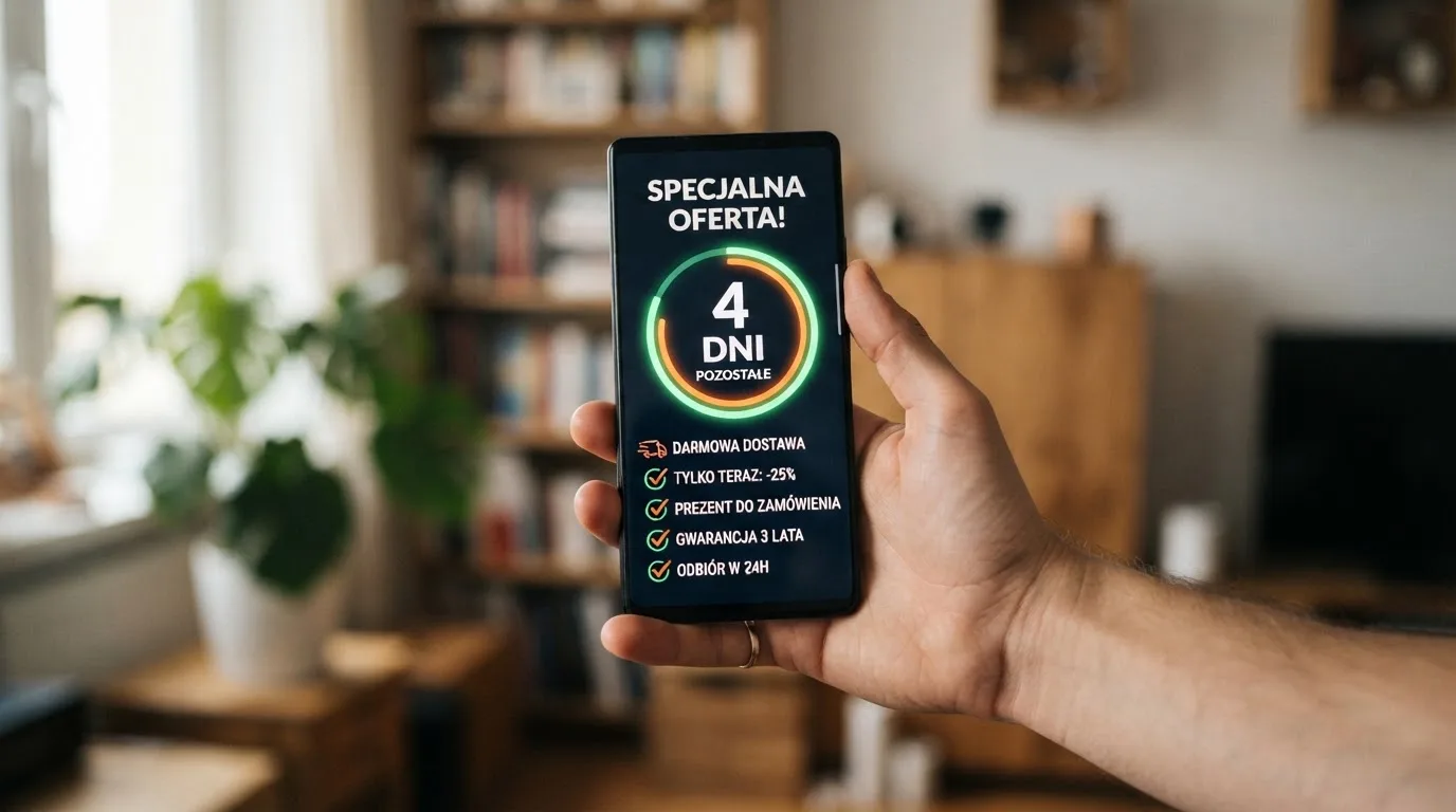 Zbliżenie na telefon z listą warunków promocji i licznikiem odliczającym dni do końca oferty