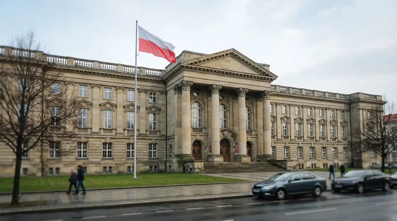 Fasada budynku instytucji państwowej z flagą Polski, symbol nadzoru regulatora nad rynkiem gier hazardowych