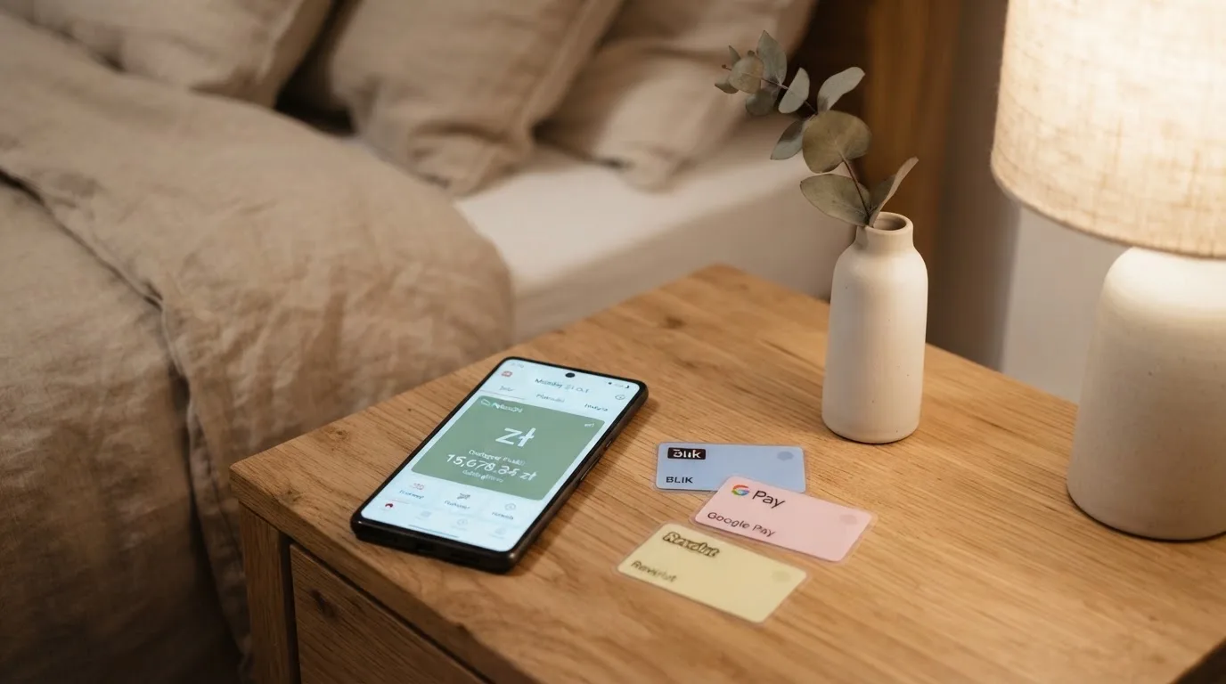 Ikony popularnych elektronicznych portfeli płatniczych obok telefonu z otwartą aplikacją bankową
