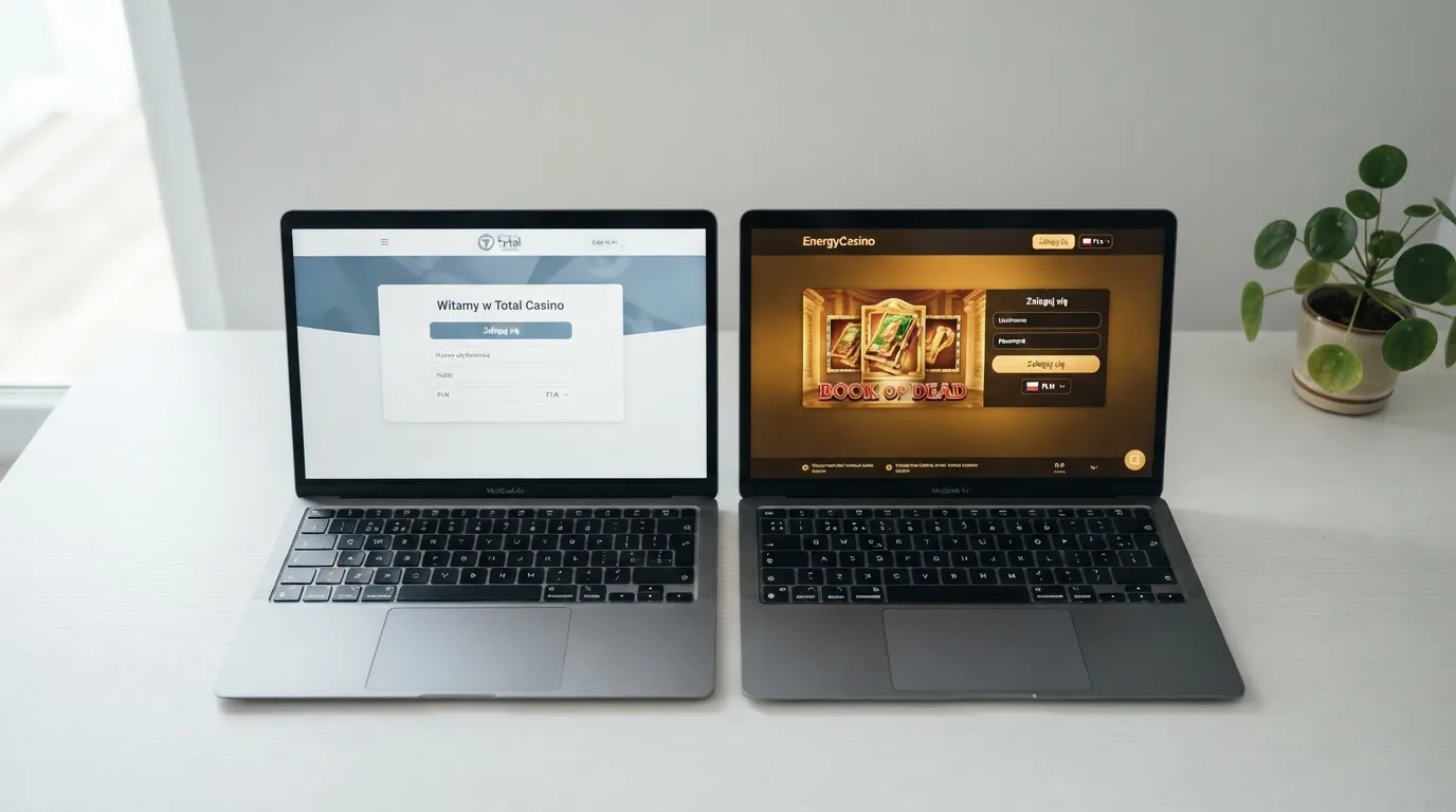 Dwa ekrany logowania kasyna online obok siebie na biurku, jeden z polskim interfejsem złotówkowym, symbolizujące porównanie dwóch różnych serwisów