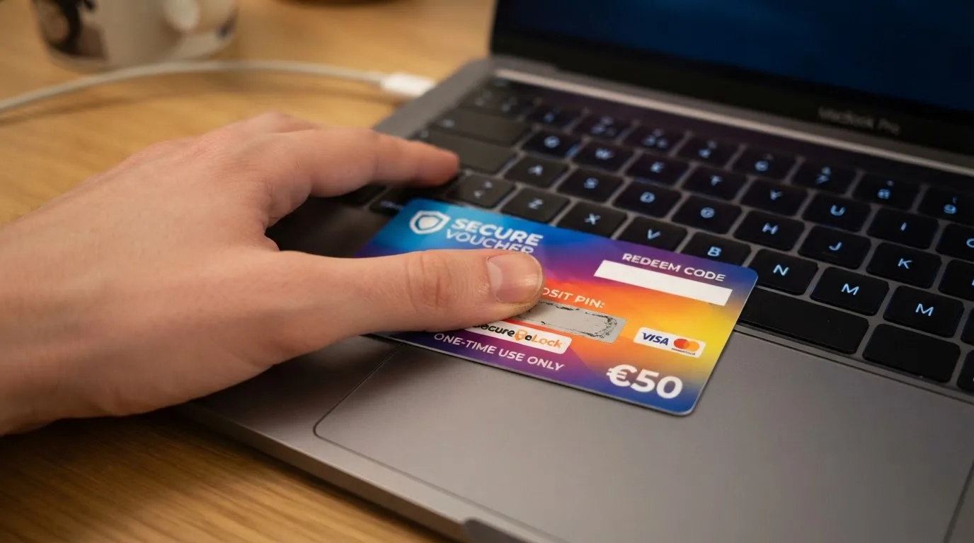 Karta przedpłacona Paysafecard z zasłoniętym polem kodu PIN obok klawiatury laptopa