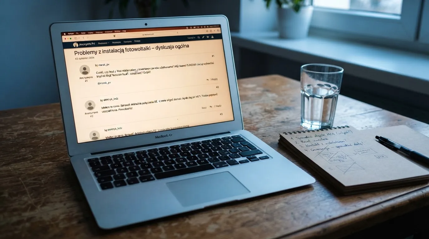 Laptop z otwartym wątkiem dyskusyjnym pełnym anonimowych komentarzy, obok notes z przekreślonymi zapiskami