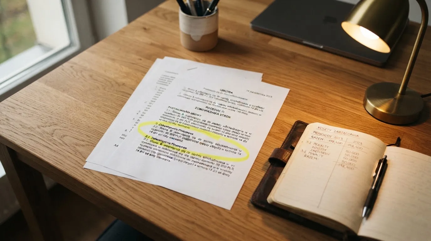 Wydruk kodeksu karnego skarbowego z zakreślonym artykułem obok kalkulatora i długopisu na biurku