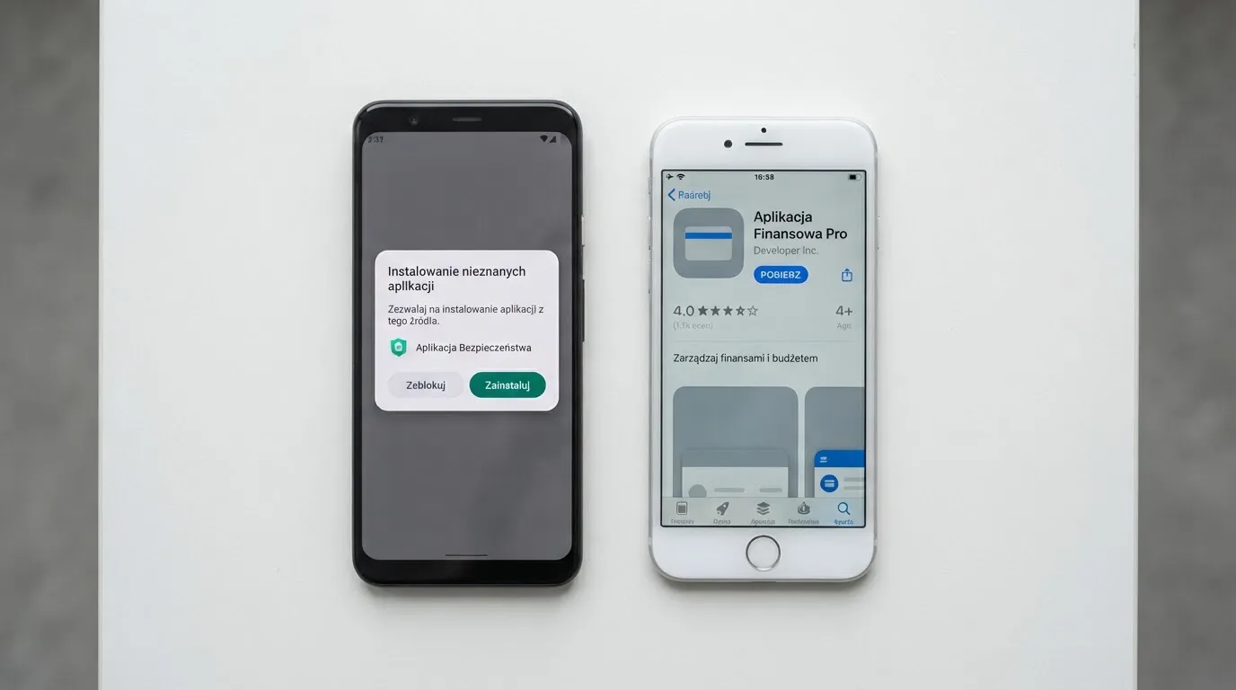 Dwa telefony obok siebie: na jednym komunikat zgody na instalację pliku APK z nieznanego źródła, na drugim strona aplikacji w sklepie z przyciskiem pobierania