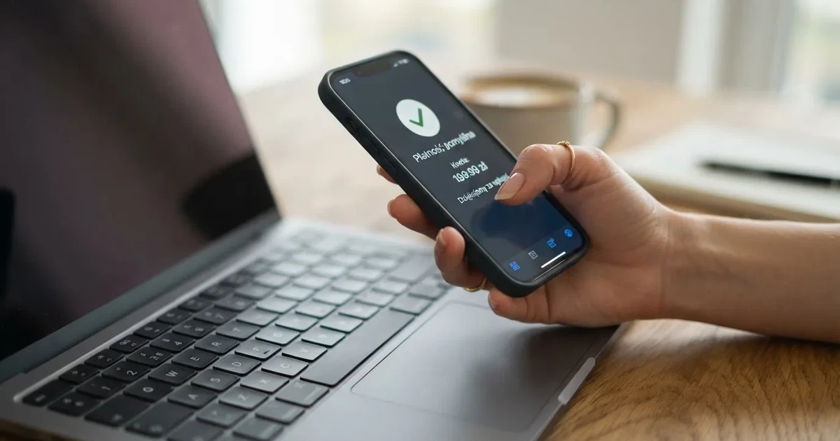 Dłoń trzymająca smartfon z ekranem płatności mobilnej nad klawiaturą laptopa