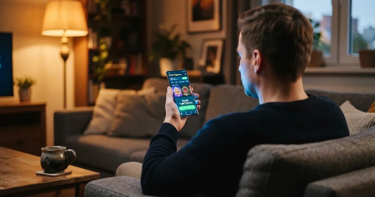 Dorosły mężczyzna na kanapie trzyma smartfon z Androidem, na ekranie saldo konta gracza w złotych obok przycisku wypłaty