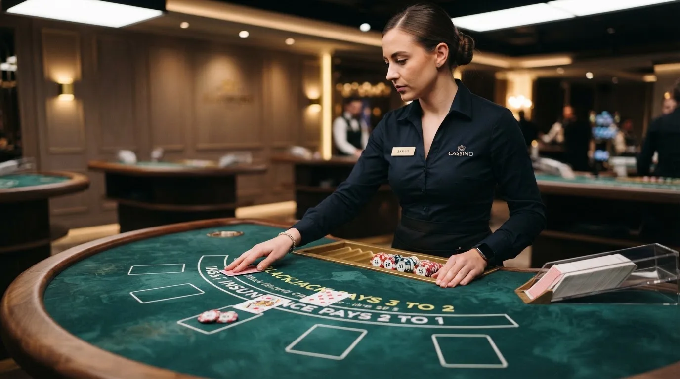 Krupier rozdający karty przy stole blackjacka podczas transmisji na żywo