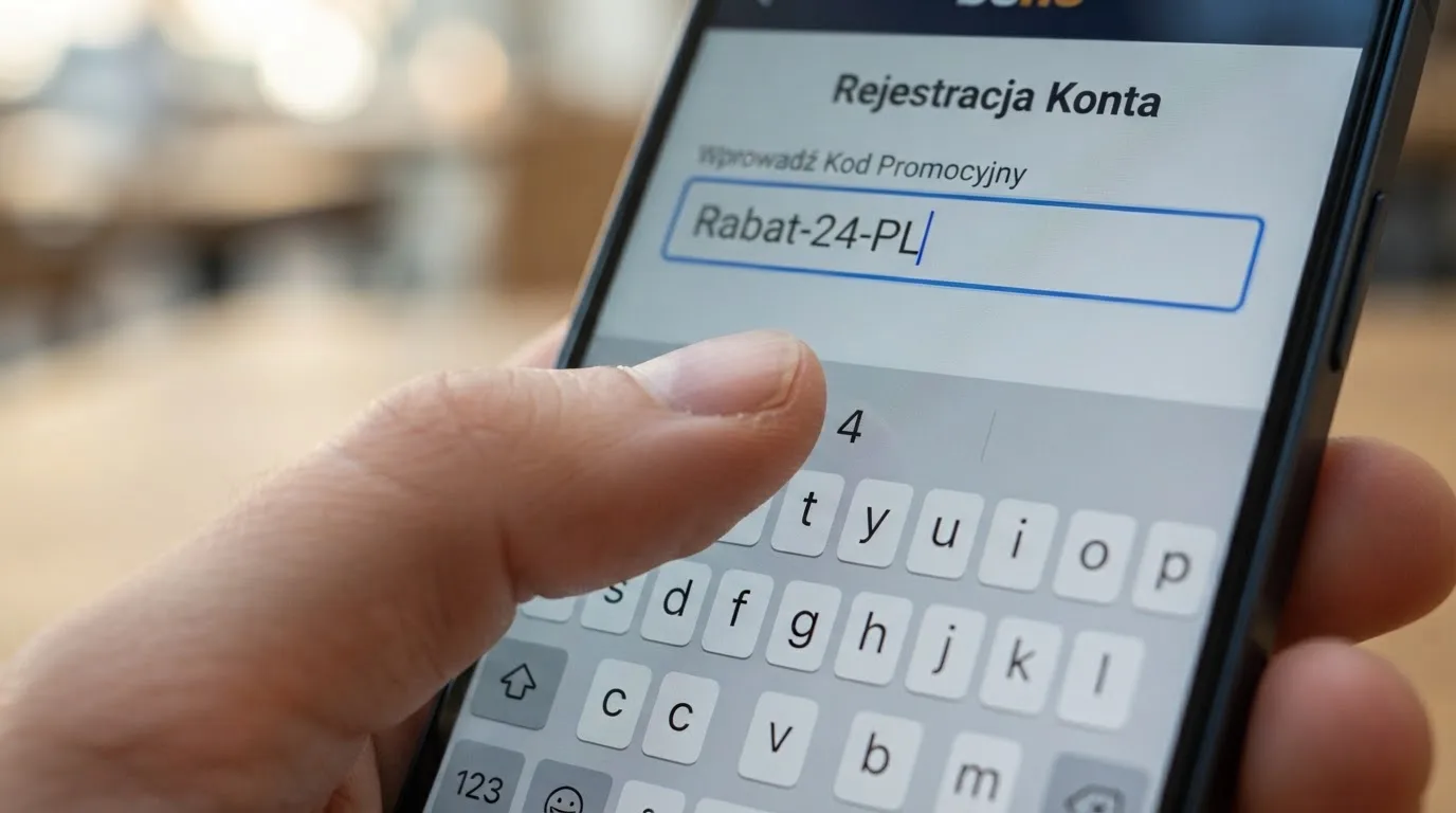 Zbliżenie na palec wpisujący ciąg liter i cyfr w puste pole formularza na ekranie telefonu