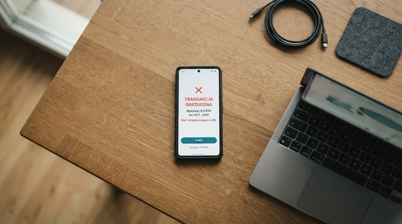 Smartfon z otwartym portfelem kryptowalut i komunikatem o odrzuconej płatności leżący obok laptopa