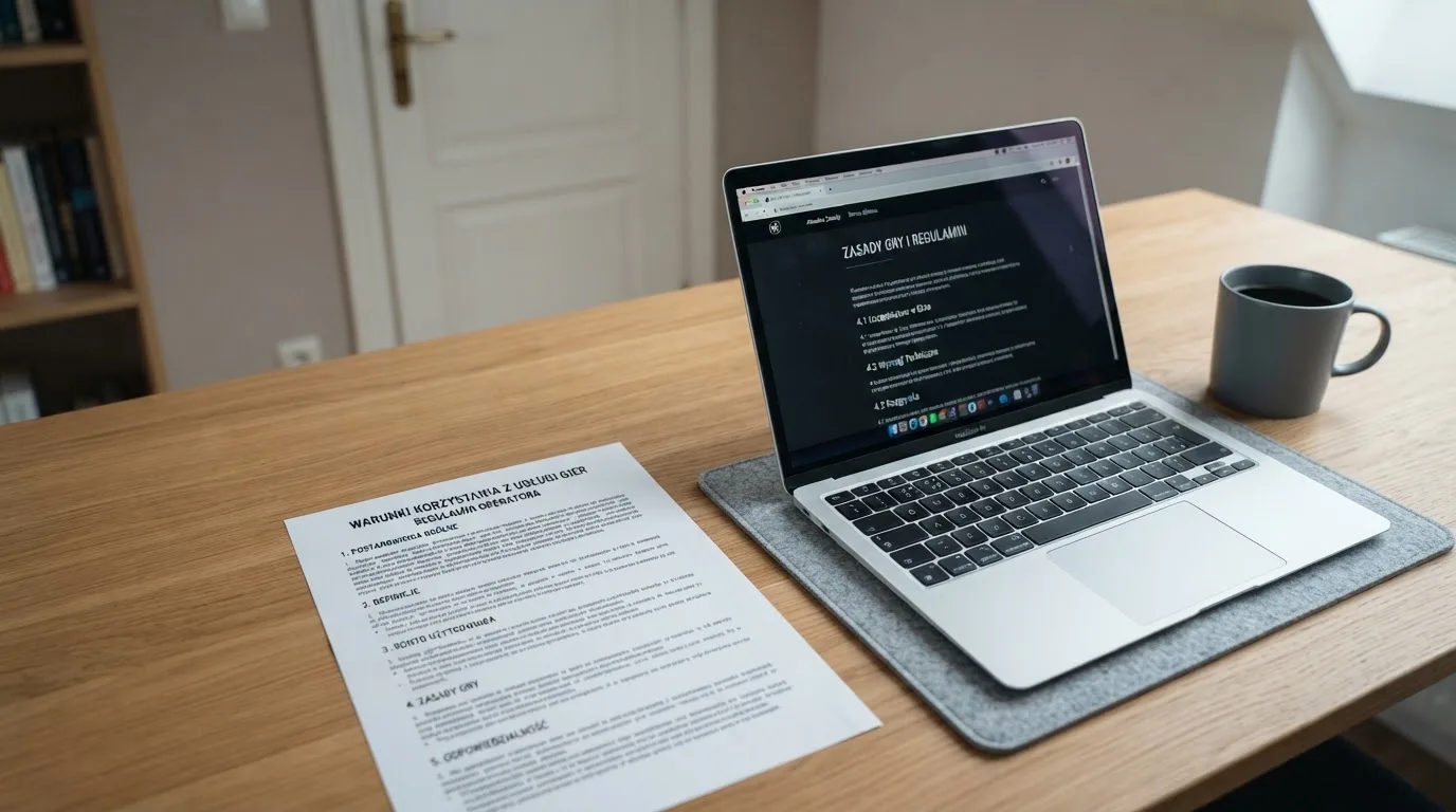 Dokument regulaminu operatora kasyna online rozłożony obok laptopa z otwartą stroną warunków gry