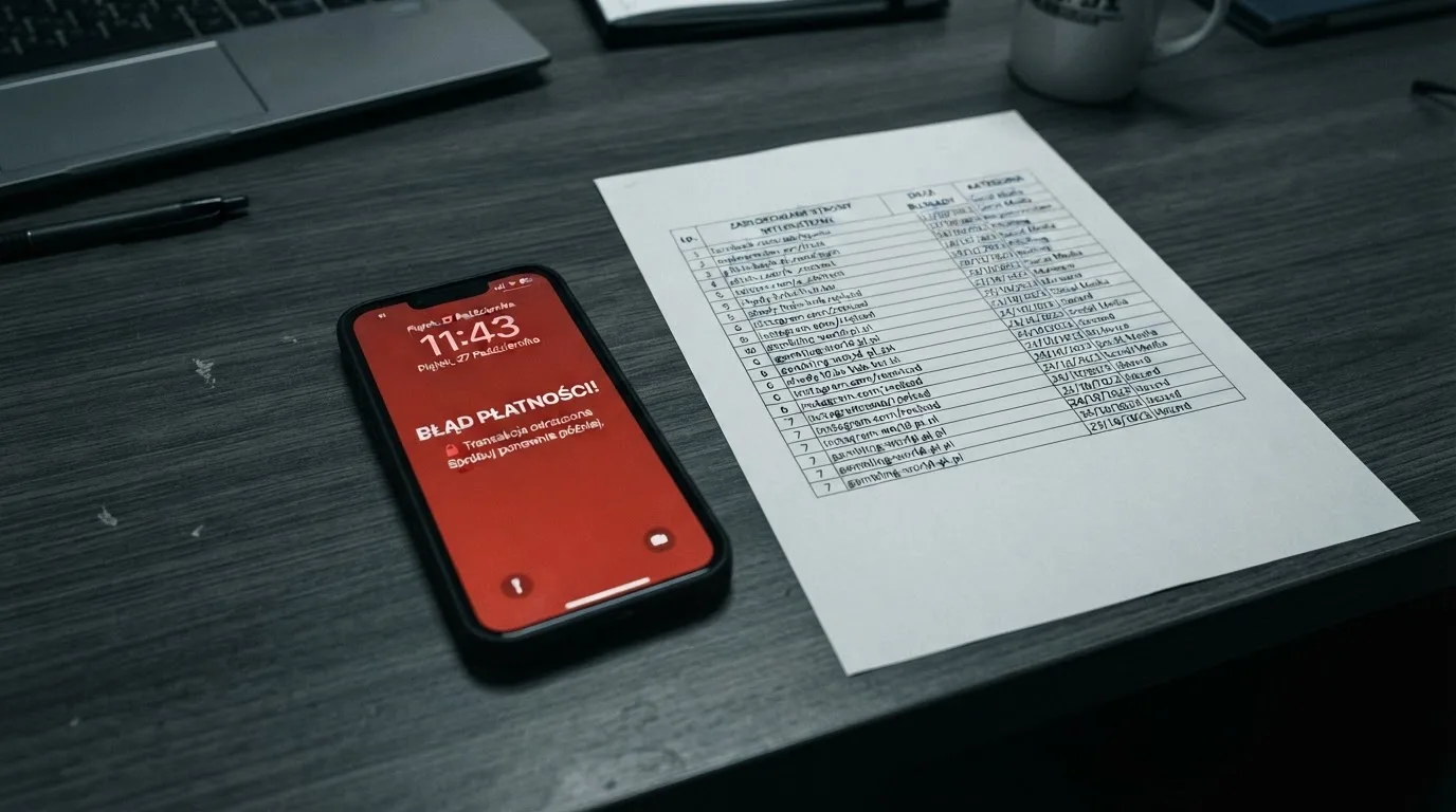 Telefon z komunikatem o odrzuconej płatności na ekranie, obok wydruk tabeli z listą zablokowanych adresów stron
