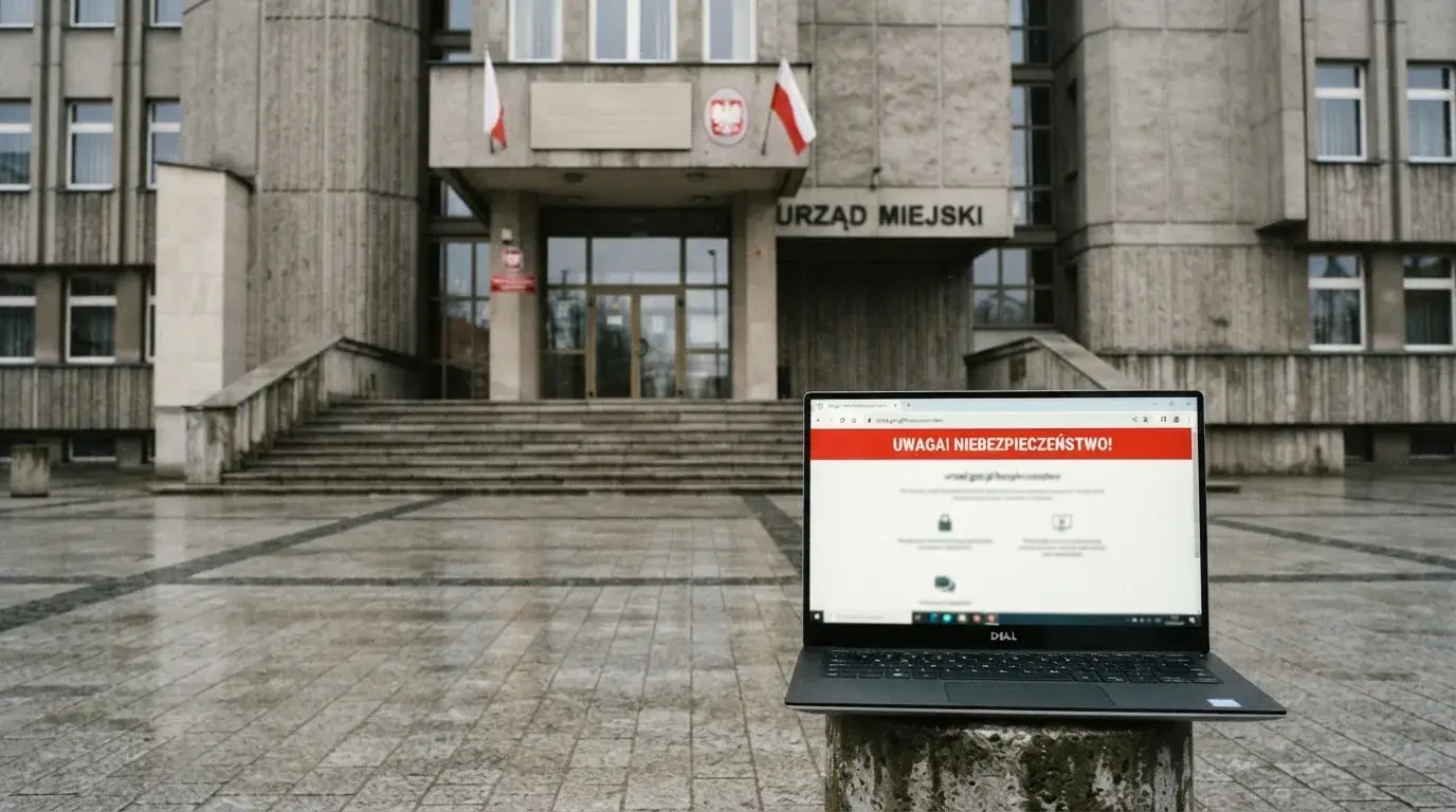 Budynek urzędu z tablicą ministerstwa, na pierwszym planie laptop z komunikatem o zablokowanej stronie kasyna