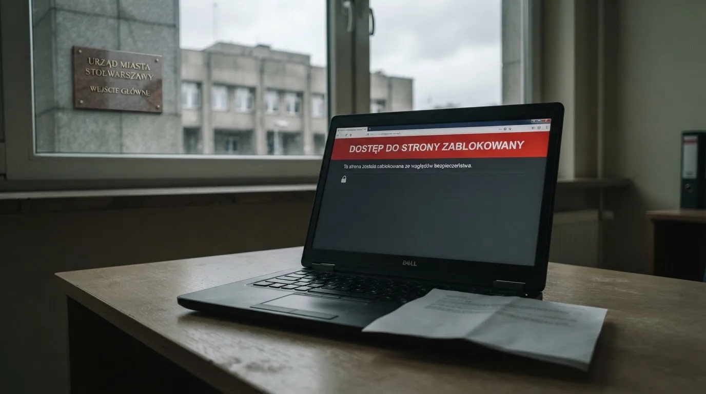 Laptop z komunikatem o zablokowanej stronie hazardowej, w tle budynek urzędu z tablicą ministerstwa