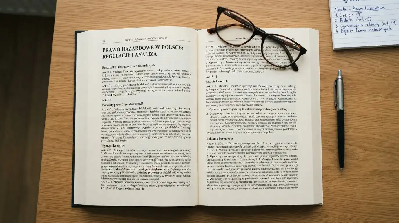 Wydrukowany tekst ustawy o grach hazardowych otwarty na artykule 5, obok okularów i długopisu na biurku