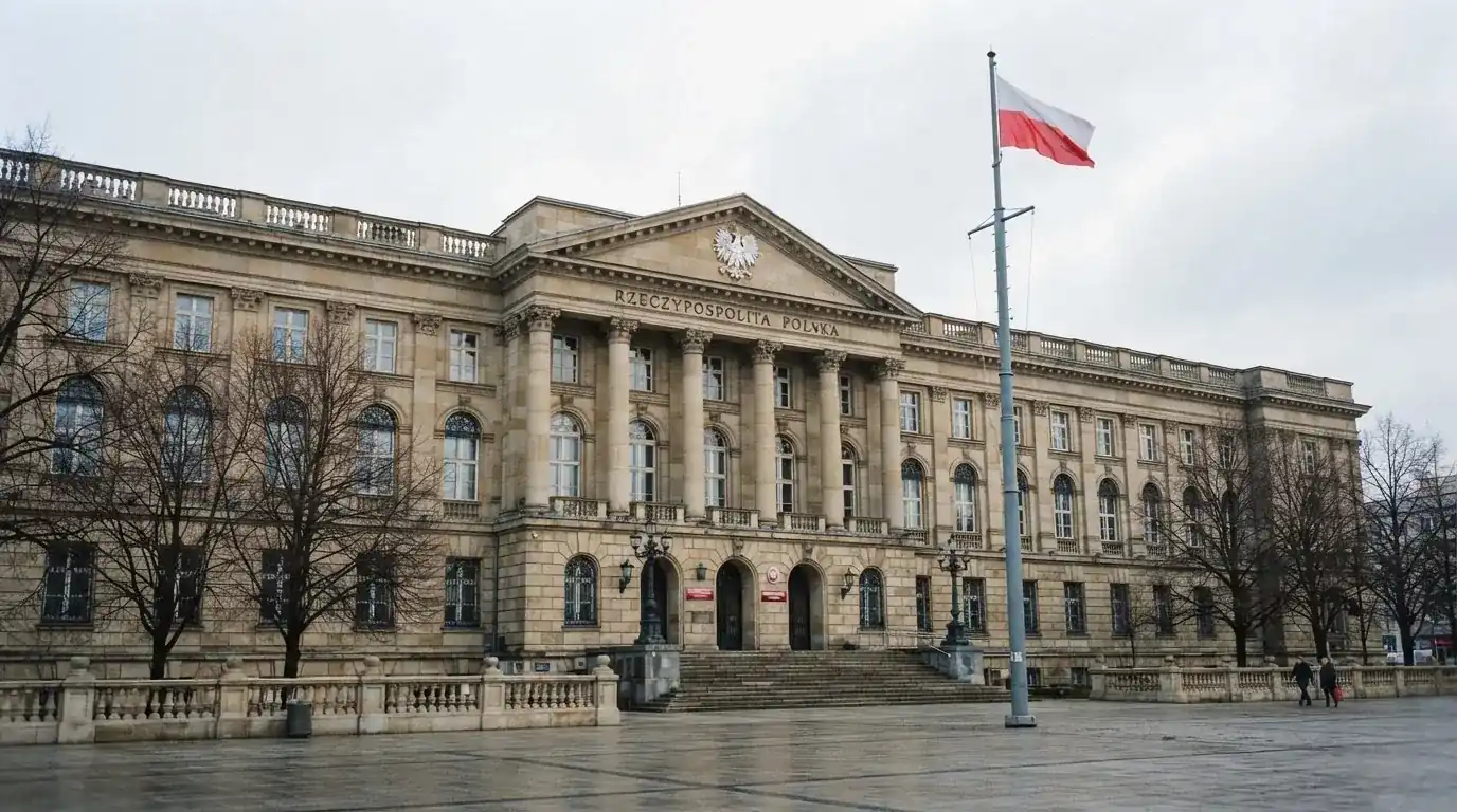 Budynek urzędu administracji państwowej z flagą Polski na maszcie w tle