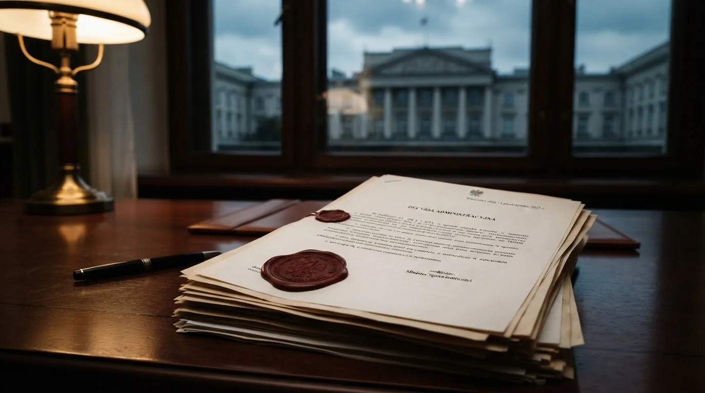 Stos dokumentów urzędowych i pieczęć na biurku, w tle sylwetka budynku administracji publicznej