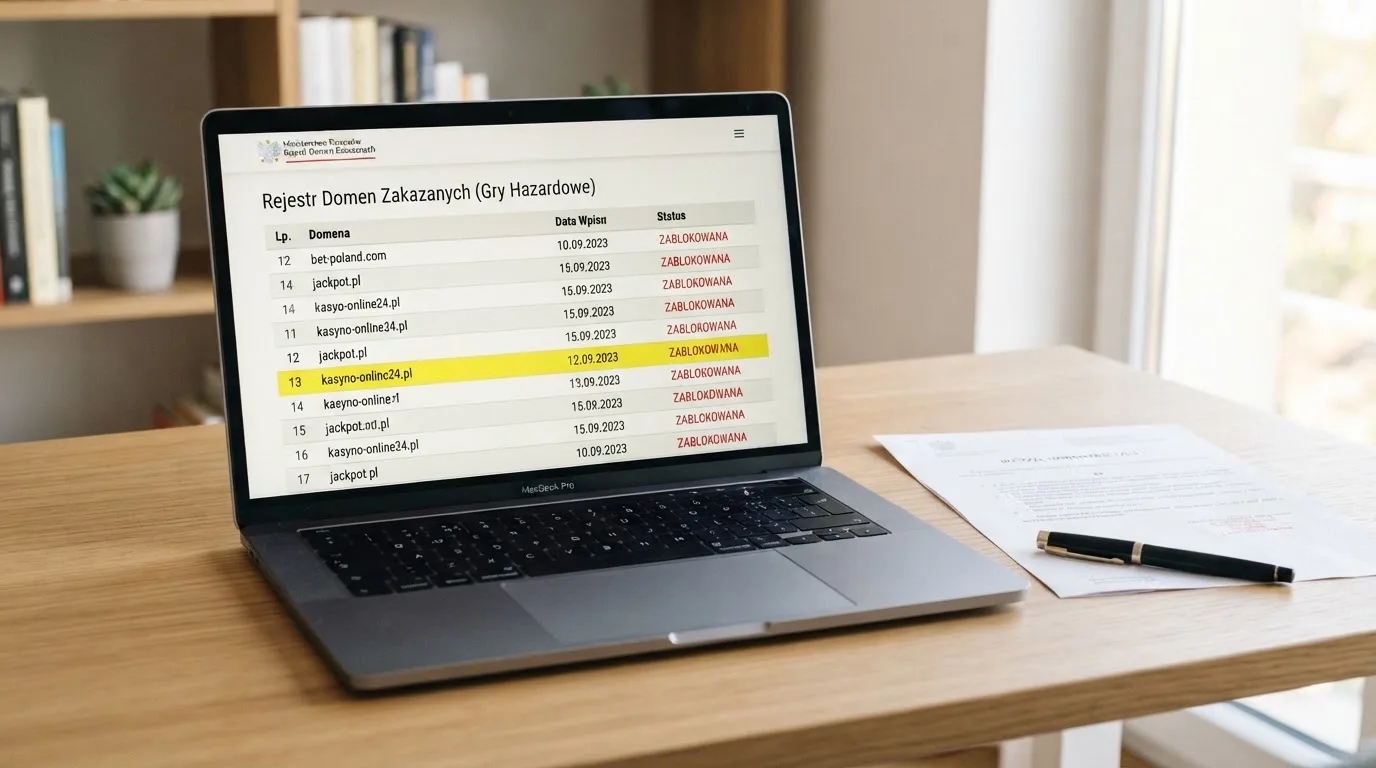 Ekran laptopa z otwartym rejestrem licencji regulatora z Curaçao, w którym jeden wiersz zaznaczono żółtym podświetleniem