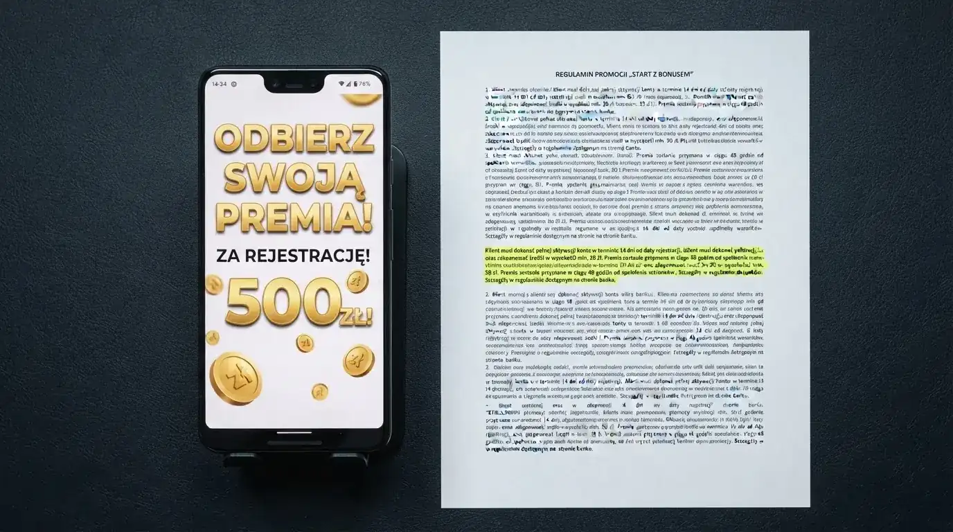 Telefon z banerem obiecującym darmowe złotówki za założenie konta, obok wydrukowany tekst ustawy o grach hazardowych z zaznaczonym artykułem