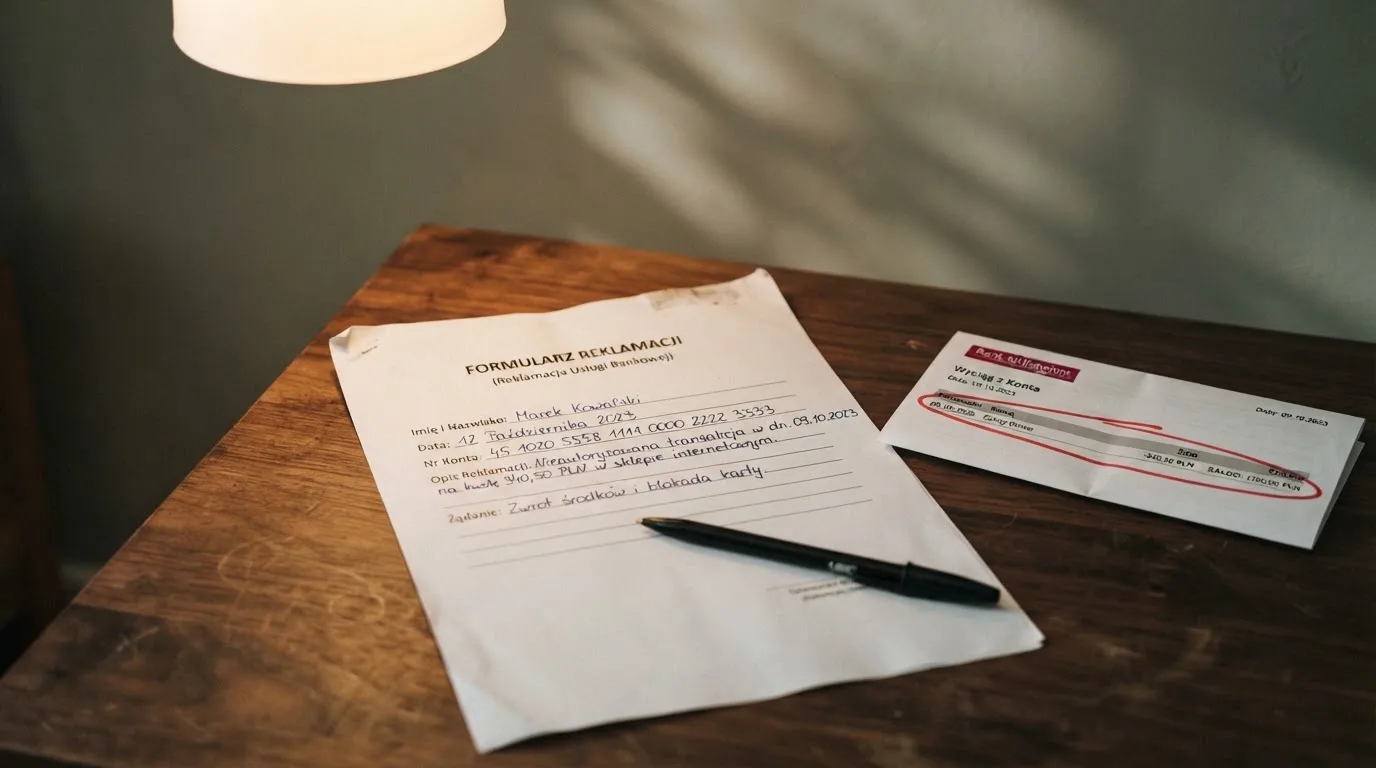 Wydrukowany formularz reklamacji leżący na biurku obok długopisu i wyciągu bankowego z zakreśloną pozycją