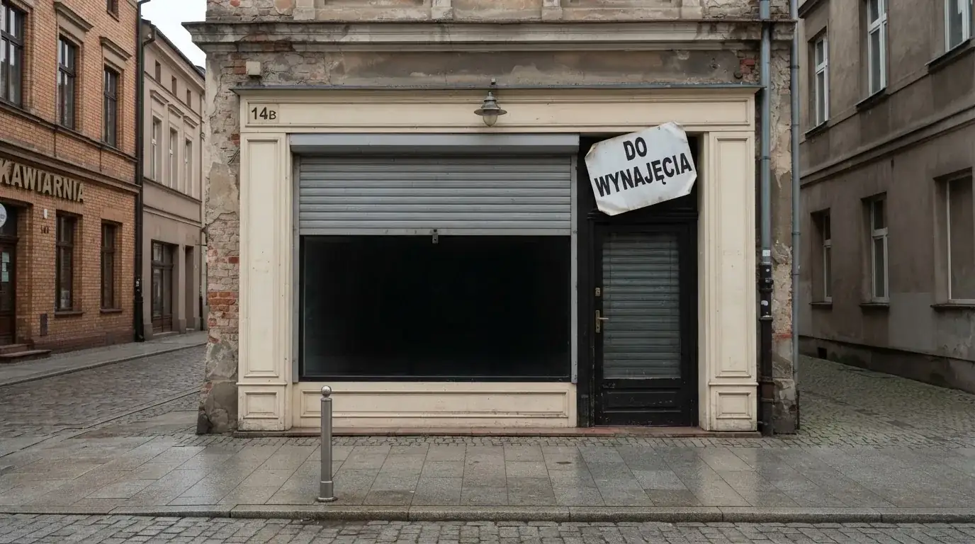 Pusty, zamknięty lokal handlowy z tabliczką „do wynajęcia”, symbolizujący brak działających salonów gry bingo pieniężne