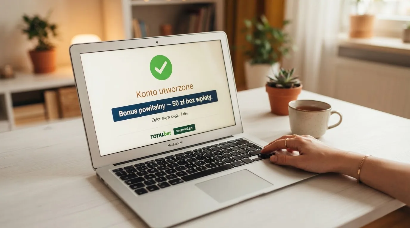 Ekran potwierdzenia założenia konta gracza w kasynie internetowym z komunikatem o bonusie startowym bez wpłaty