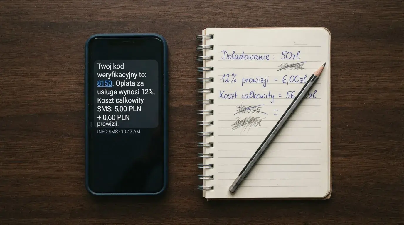 Ekran telefonu z wiadomością SMS obok kalkulatora liczącego opłaty